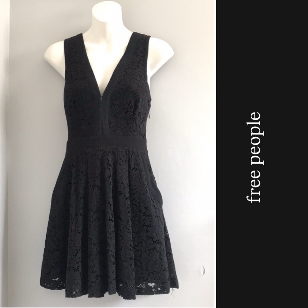 Free People Lace Fit & Flare Mini Dress in Black • XS